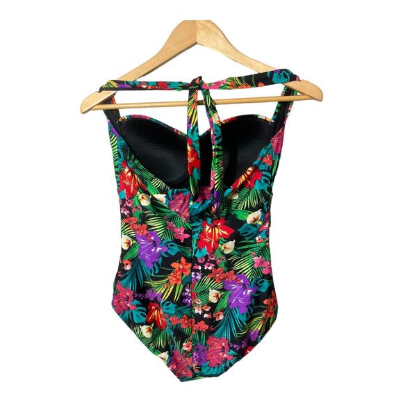 Catalina Floral Tropical One Piece Swimsuit Black Colorful XL Halter Tie Top - Picture 2 of 4